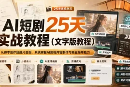 AI短剧25天实战教程(文字版教程)，从脚本创作到成片变现，系统掌握AI影视内容制作与商业接单能力