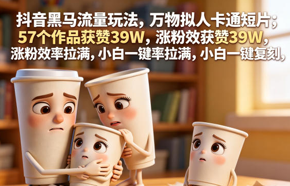 抖音黑马流量玩法，万物拟人卡通短片，57个作品获赞39W，涨粉效率拉满，小白一键复刻，保姆级拆解