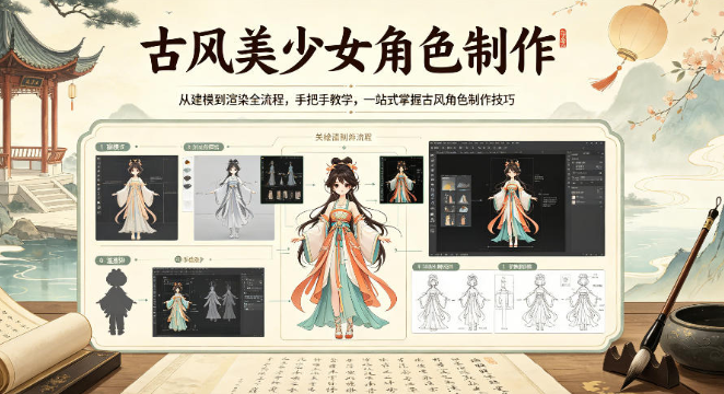 古风美少女角色制作，从建模到渲染全流程，手把手教学，一站式掌握古风角色制作技巧